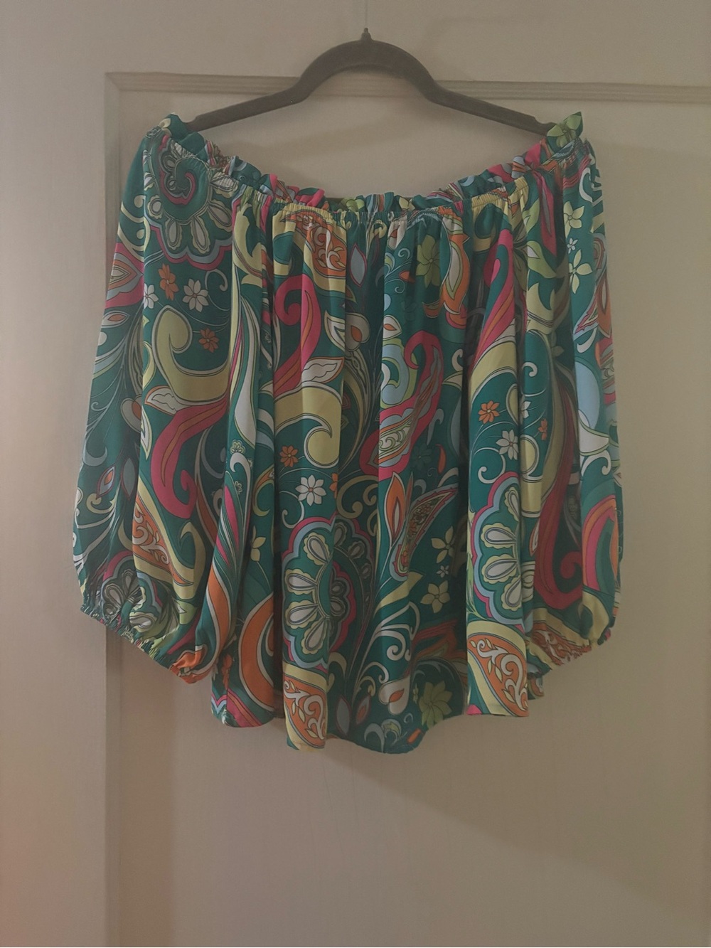 Women's Off-Shoulder Paisley Blouse in Teal Multicolor - Picture 2 of 3